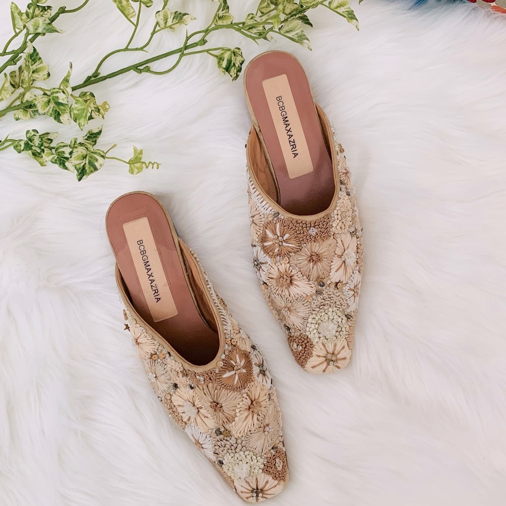 BCBGMaxAzria Ivory Tan Sequin Beaded Mules